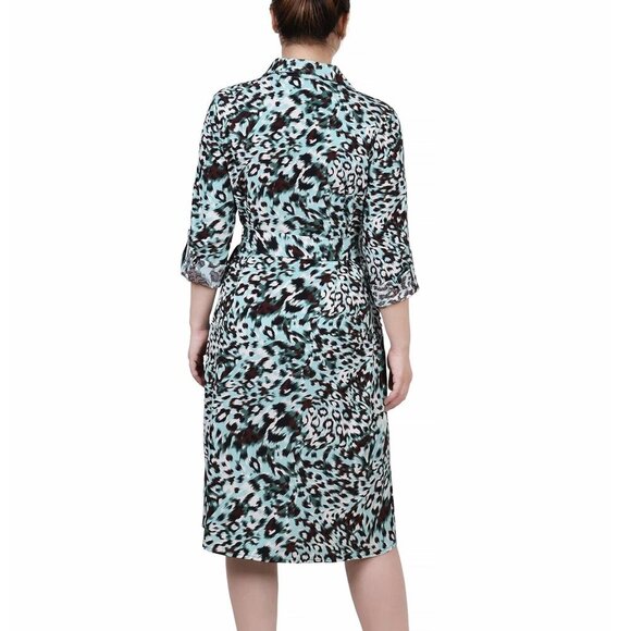 NY Collection Aqua Animal Printed Long Sleeve Roll Tab Shirtdress PL NWT - Picture 4 of 4